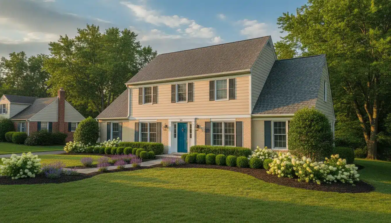 Two-story yellow house with blue door and manicured garden in suburban neighborhood