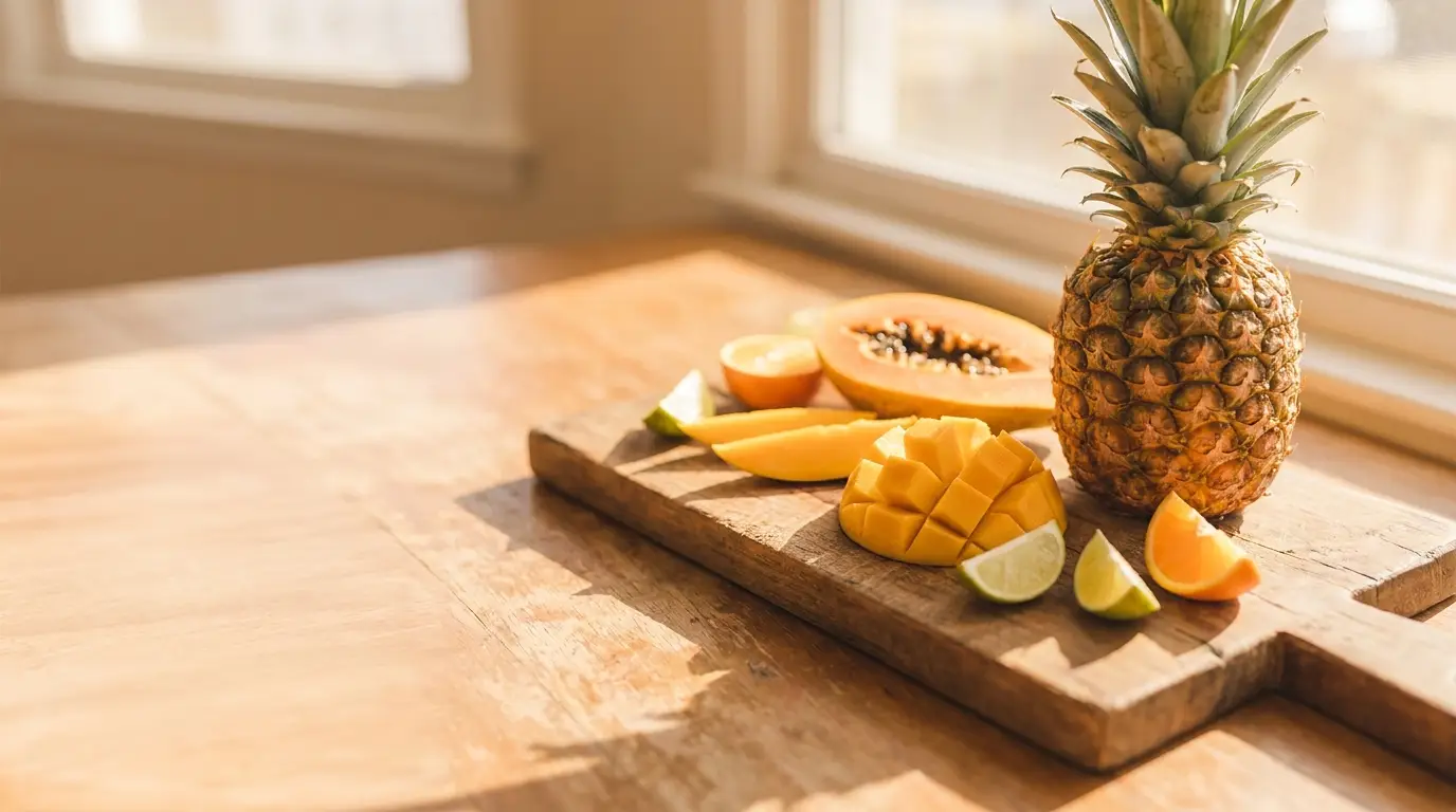 Pineapple, mango, and citrus fruits arranged on wooden board in sunlight on kitchen table