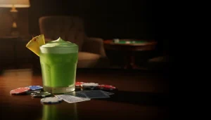 Green cocktail with pineapple slice on wooden table surrounded by poker chips and cards