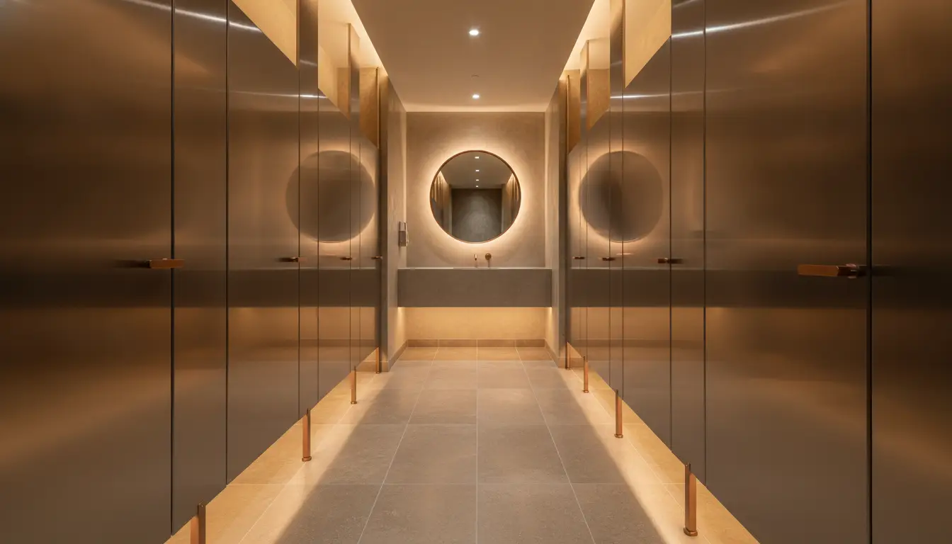 Luxurious bathroom with warm lighting, large round mirror, and sleek cabinetry reflecting soft light