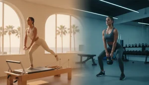 Two women performing Pilates and kettlebell workouts in contrasting gym environments