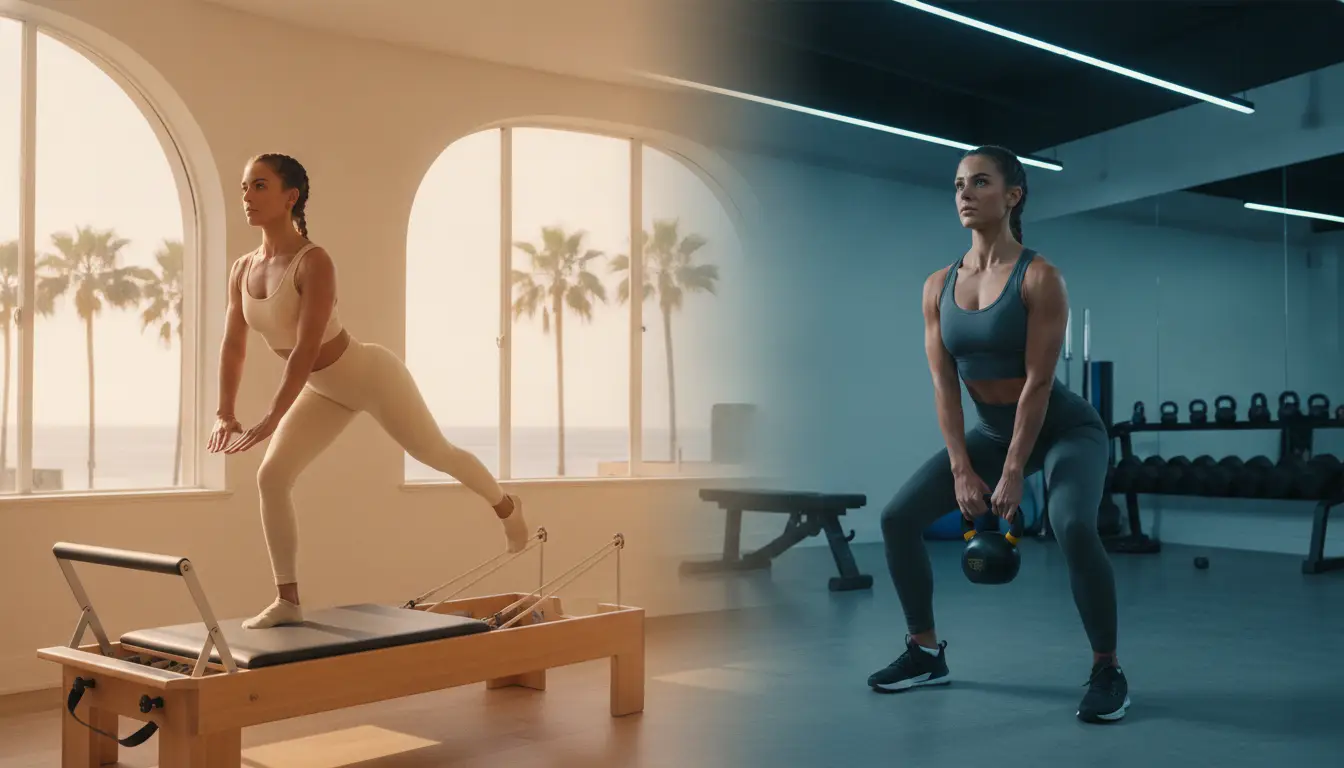 Two women performing Pilates and kettlebell workouts in contrasting gym environments