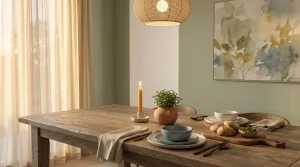 Dining table set with ceramic dishware, bread, and olives in a softly lit room with abstract art