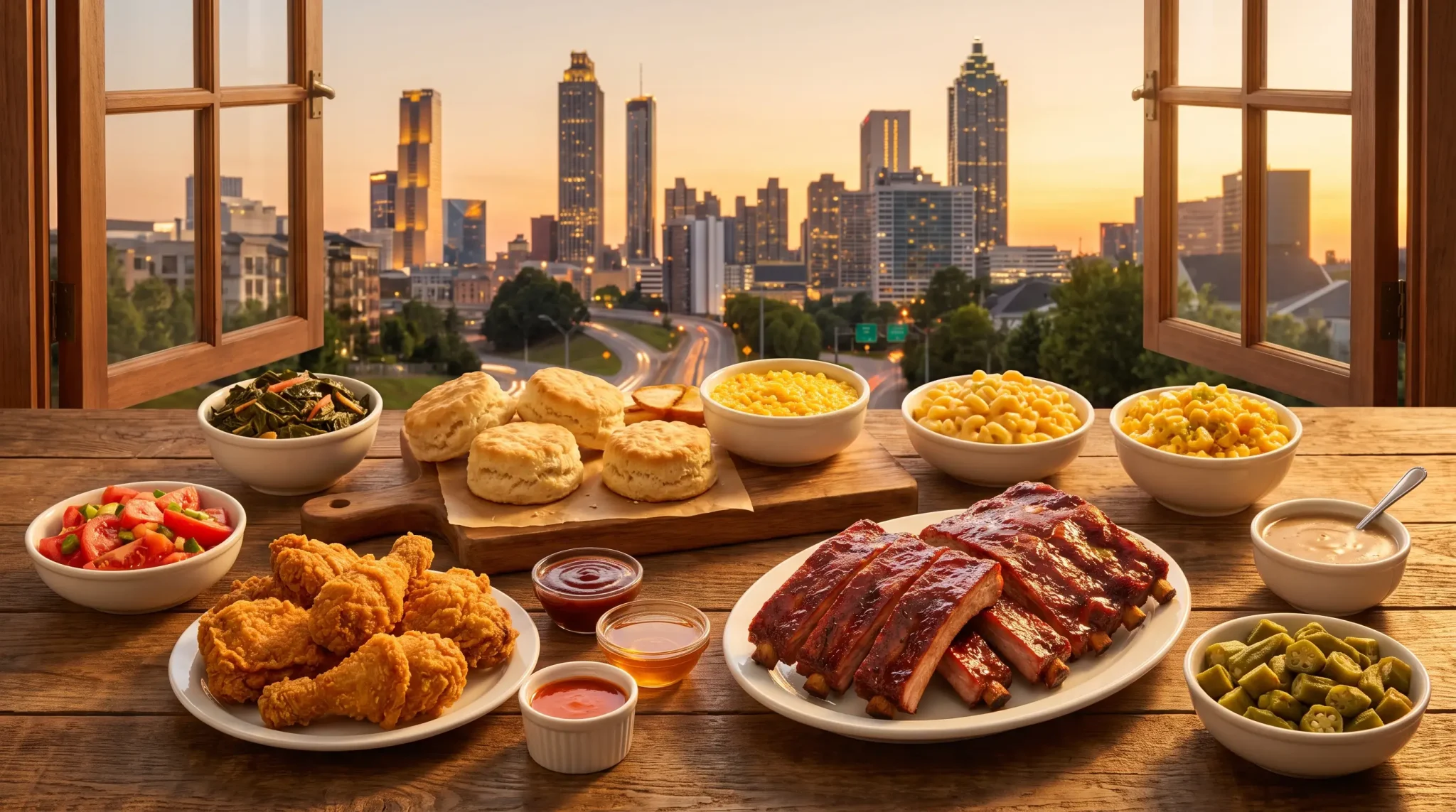 Southern-style meal including fried chicken, biscuits, ribs, and sides on wooden table overlooking cityscape