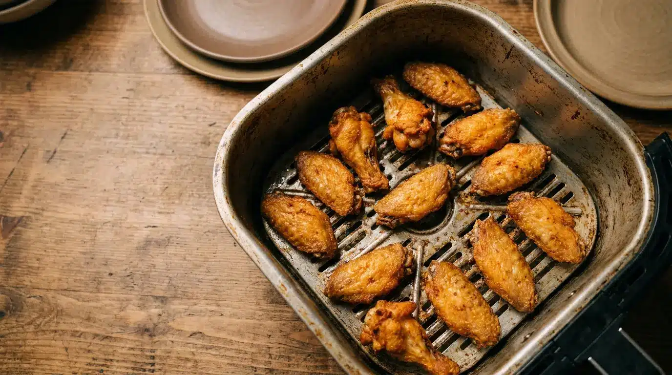 Crispy chicken wings in an air fryer basket on a wooden table with plates nearby