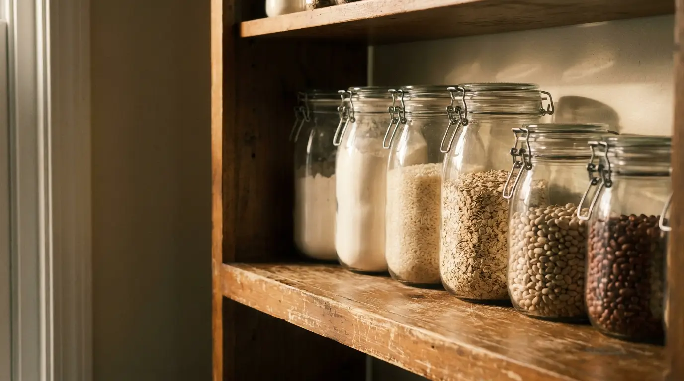 Glass jars with various dry goods on rustic wooden pantry shelf in warm lighting