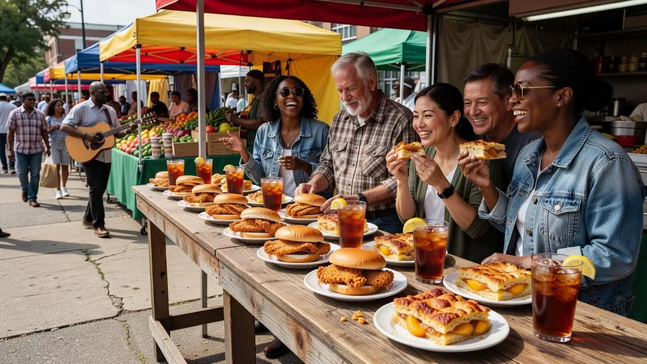 Group of people enjoying fried chicken sandwiches and iced tea at outdoor market food stall
