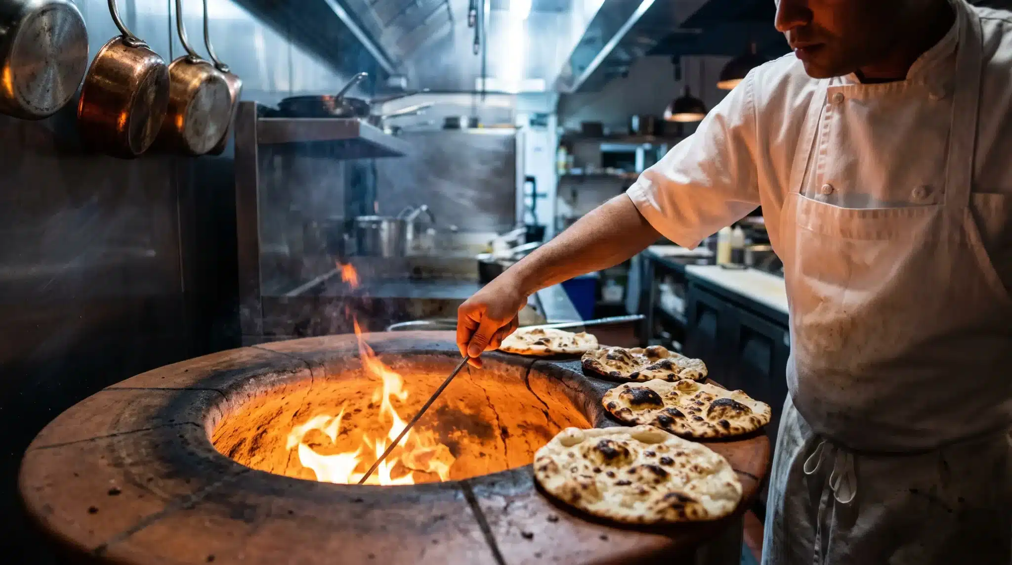 Chef baking naan in tandoor oven in professional kitchen with hanging copper pots