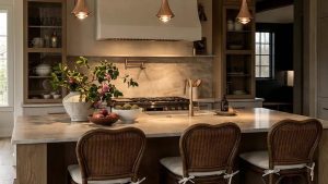 Cozy kitchen with marble countertop, wooden barstools, and pendant lighting in warm tones