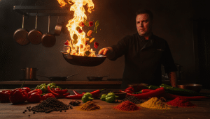 Chef tossing flaming vegetables in pan with spices and peppers on wooden table in dimly lit kitchen