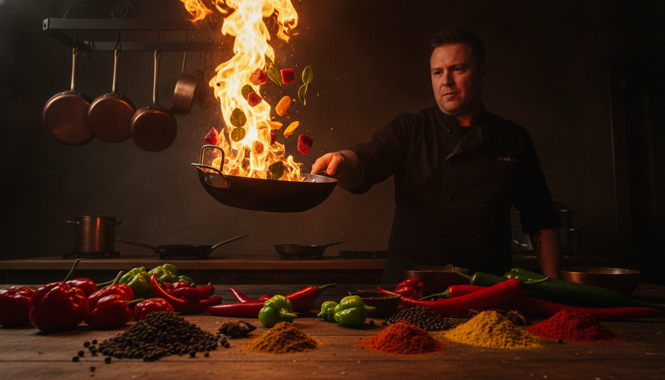 Chef tossing flaming vegetables in pan with spices and peppers on wooden table in dimly lit kitchen