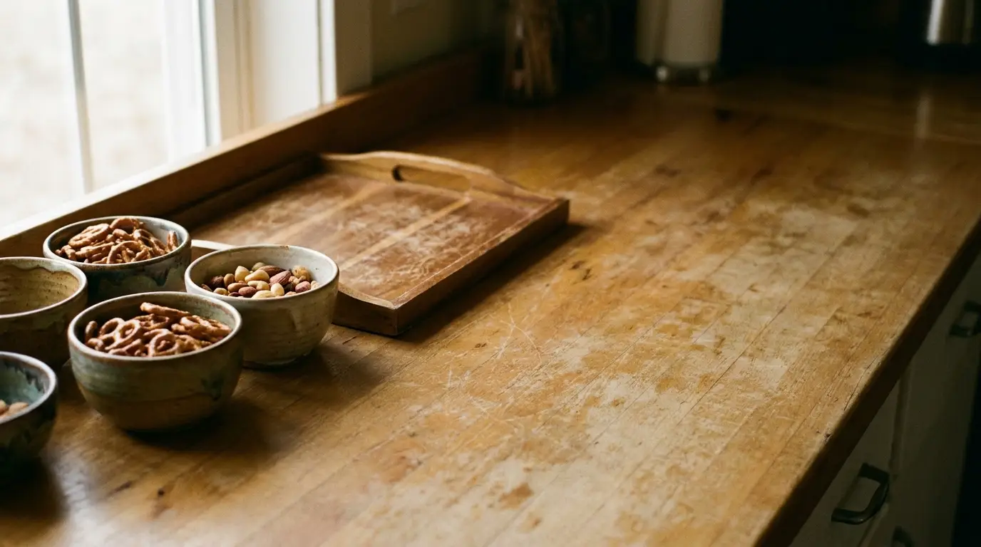 Bowls of pretzels and nuts on wooden kitchen countertop near window