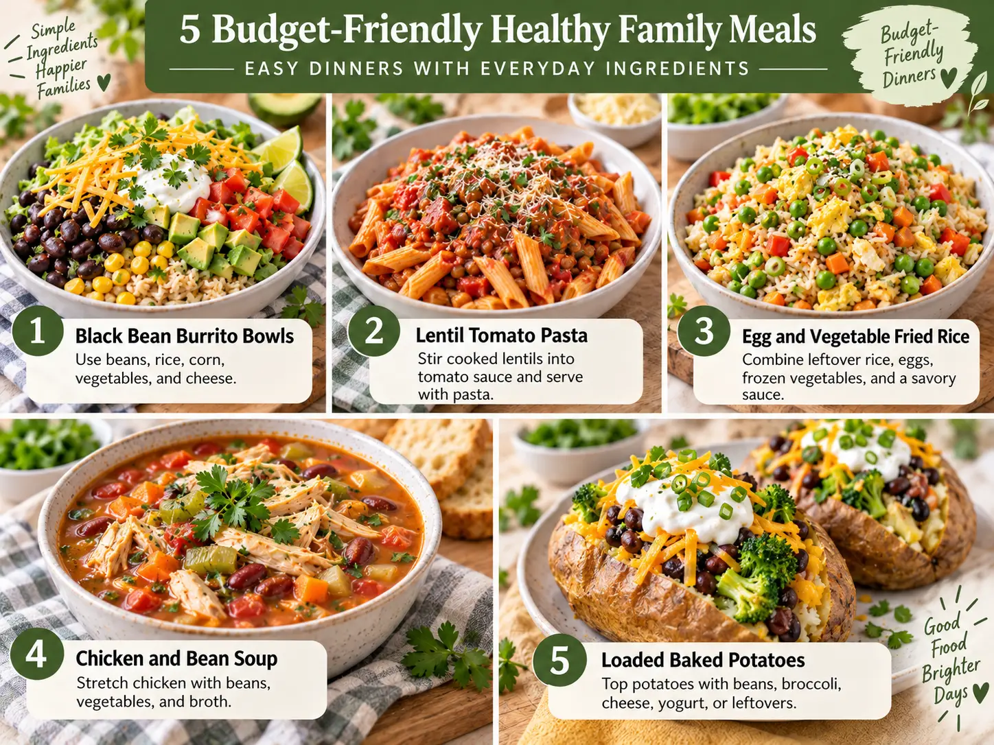 Five bowls of colorful budget-friendly meals with fresh vegetables on a plaid tablecloth