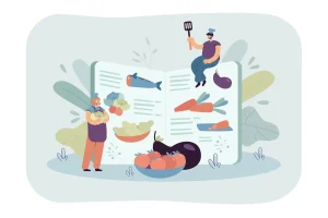 Illustrated chefs with vegetables around a giant recipe book, featuring carrots and eggplant