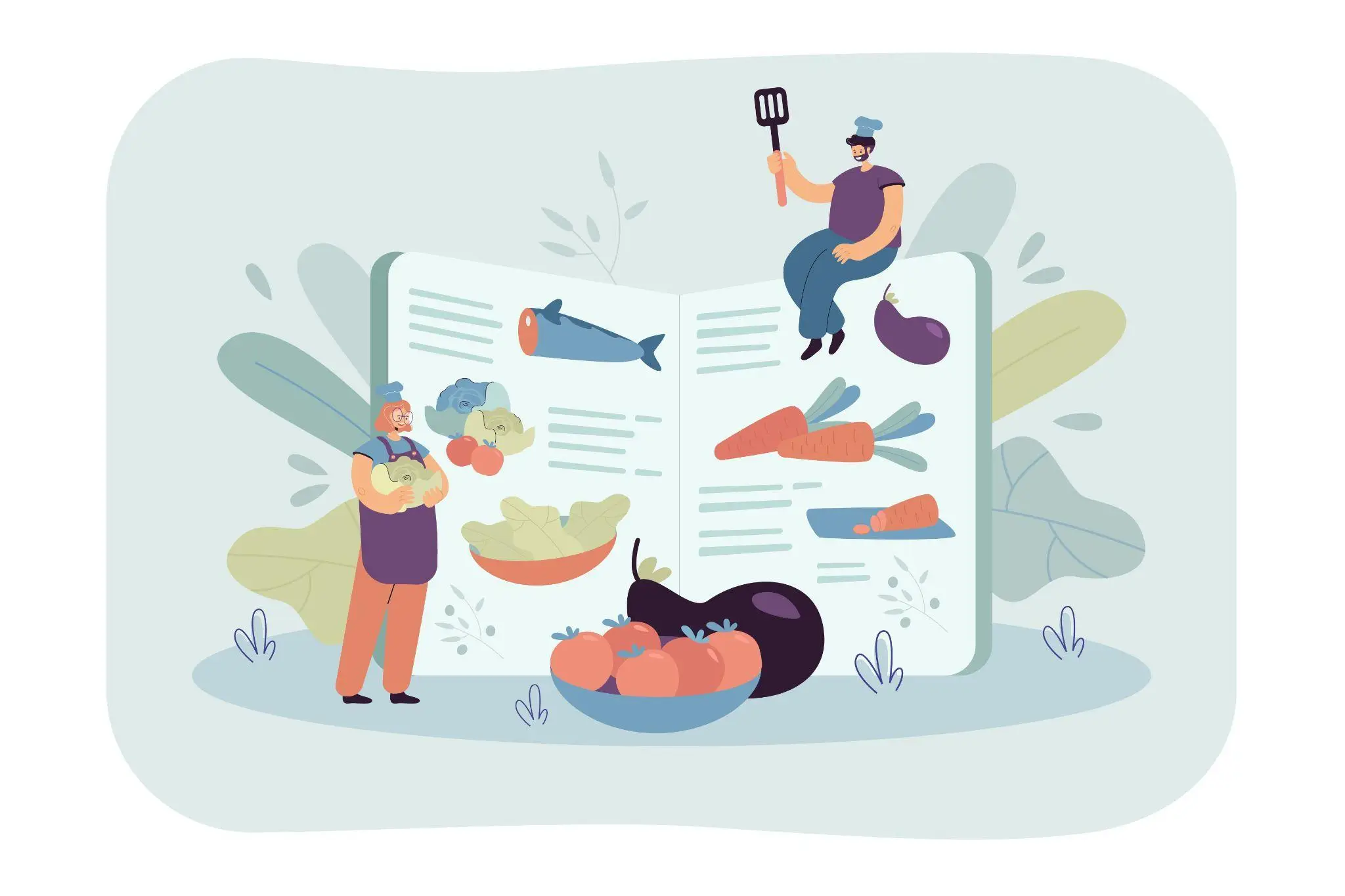 Illustrated chefs with vegetables around a giant recipe book, featuring carrots and eggplant