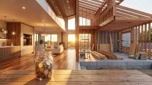Jar of coins on wooden table in partially constructed modern home with sunlight streaming through