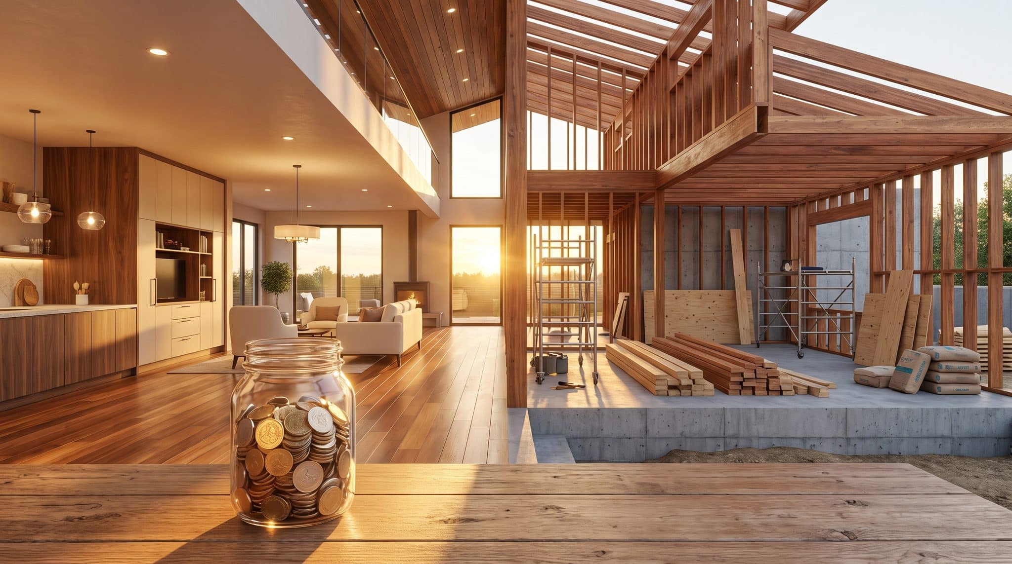 Jar of coins on wooden table in partially constructed modern home with sunlight streaming through