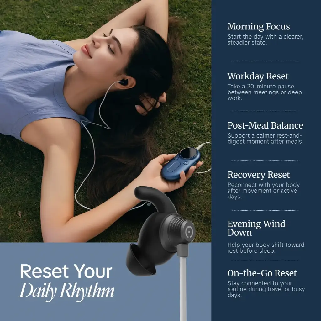 Woman relaxing on grass with earphones and blue music player under daylight