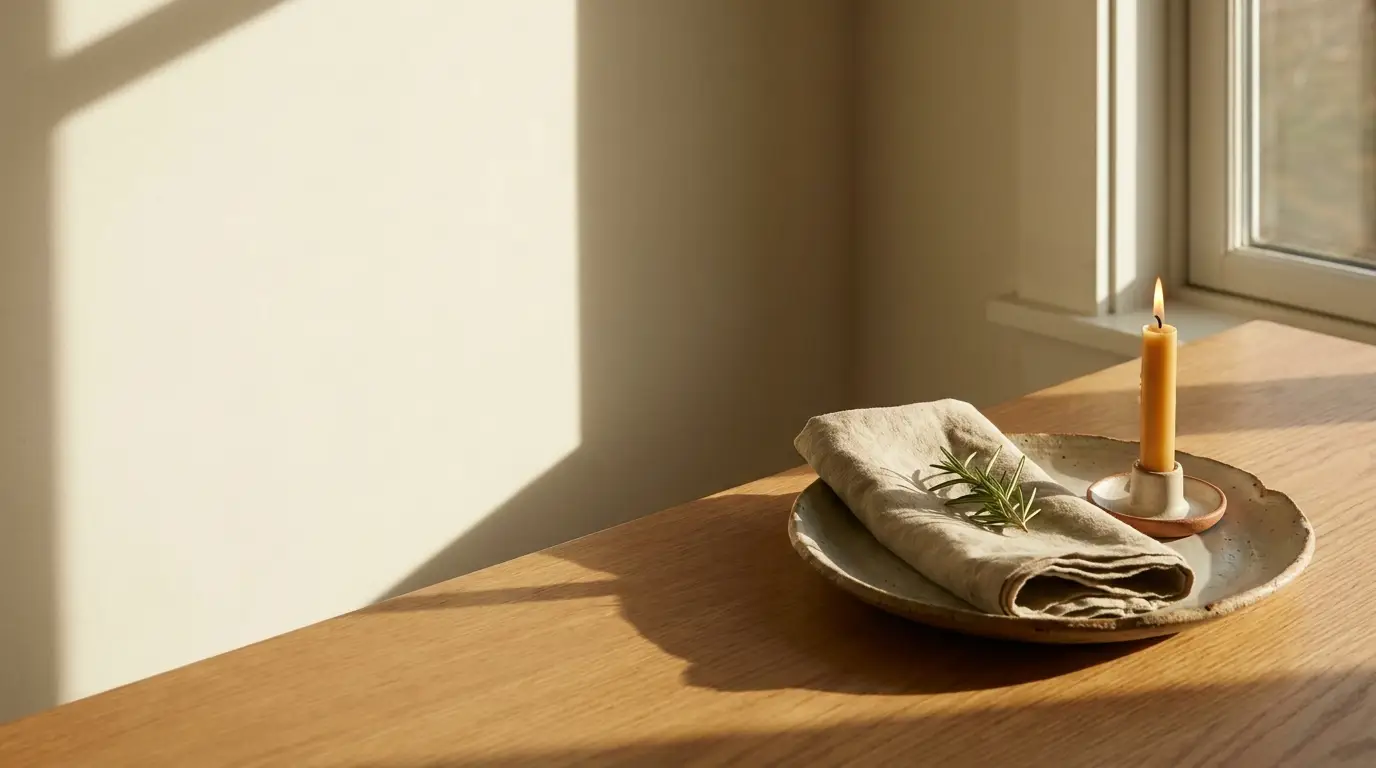Rolled linen napkin with rosemary on ceramic plate beside lit candle on wooden table