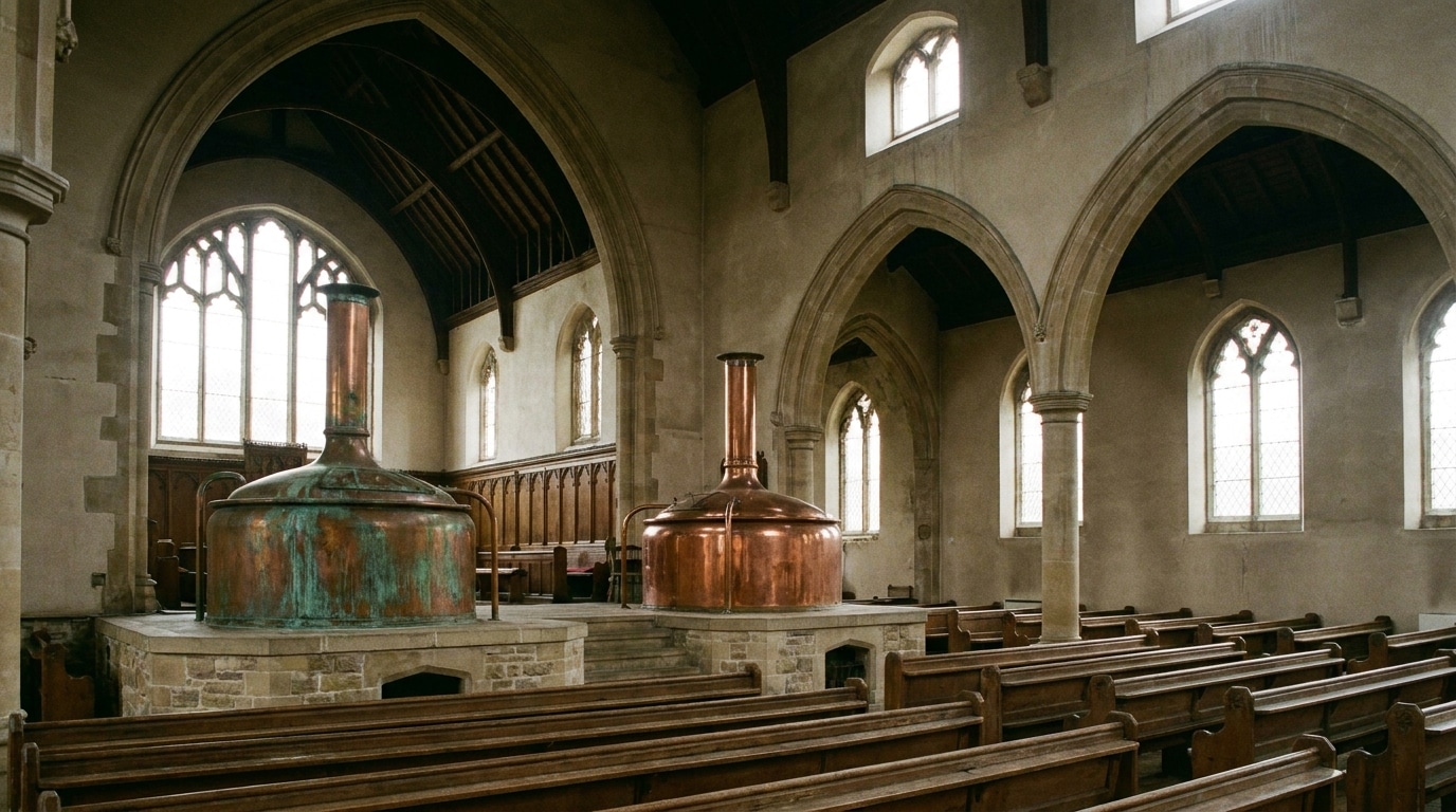 Copper brewing kettles inside a repurposed church with arched windows and wooden pews