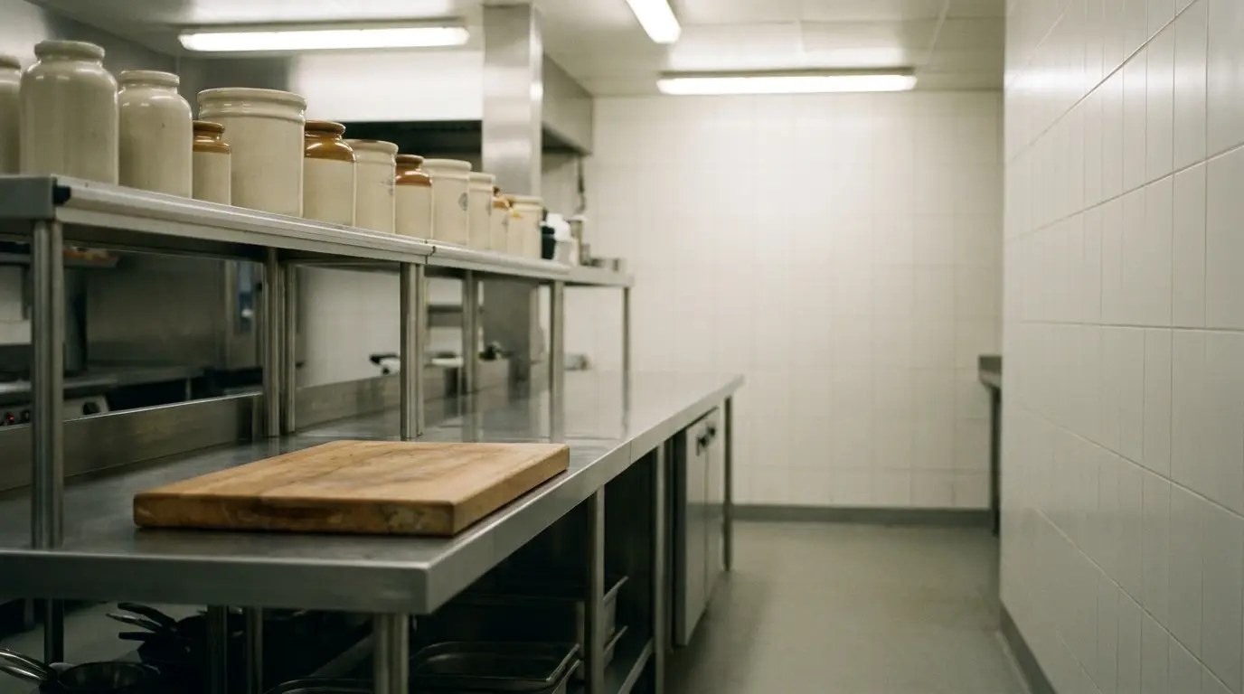 Stainless steel commercial kitchen with wooden cutting board and ceramic jars on shelves