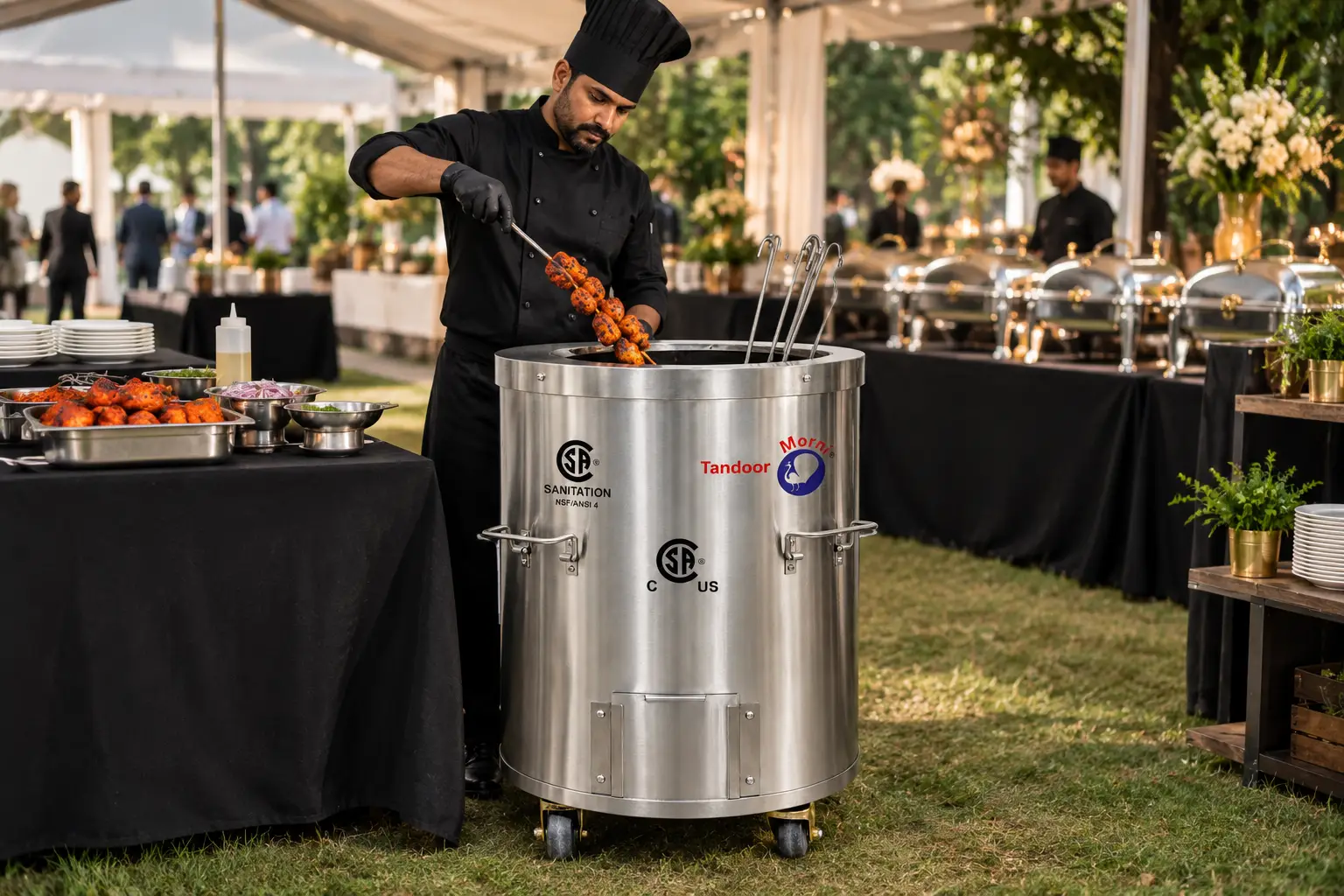 Chef using tandoor oven outdoors at catered event with dishes on nearby table