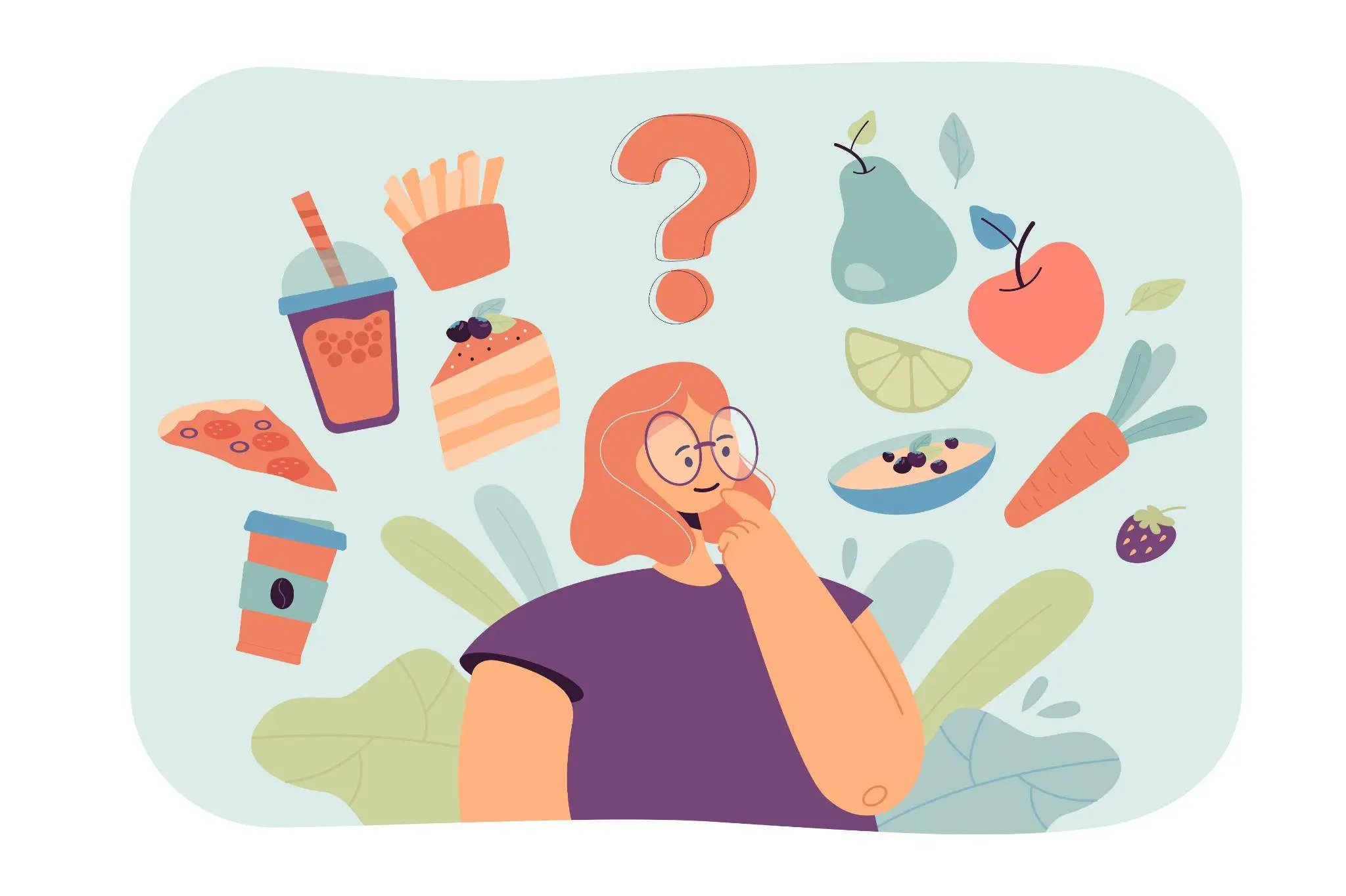 Woman contemplating various food choices with question mark overhead in abstract colorful background
