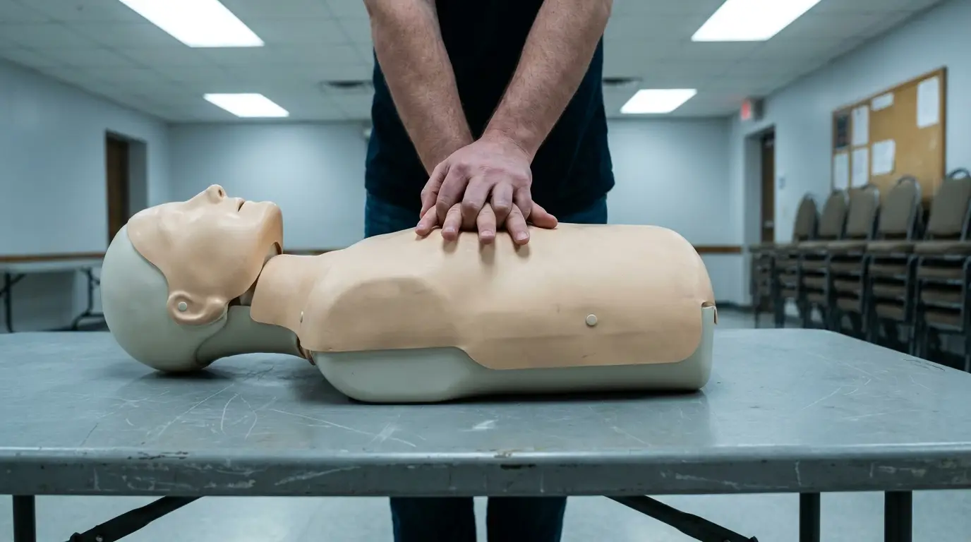 Person performing CPR on mannequin in classroom setting with overhead lighting