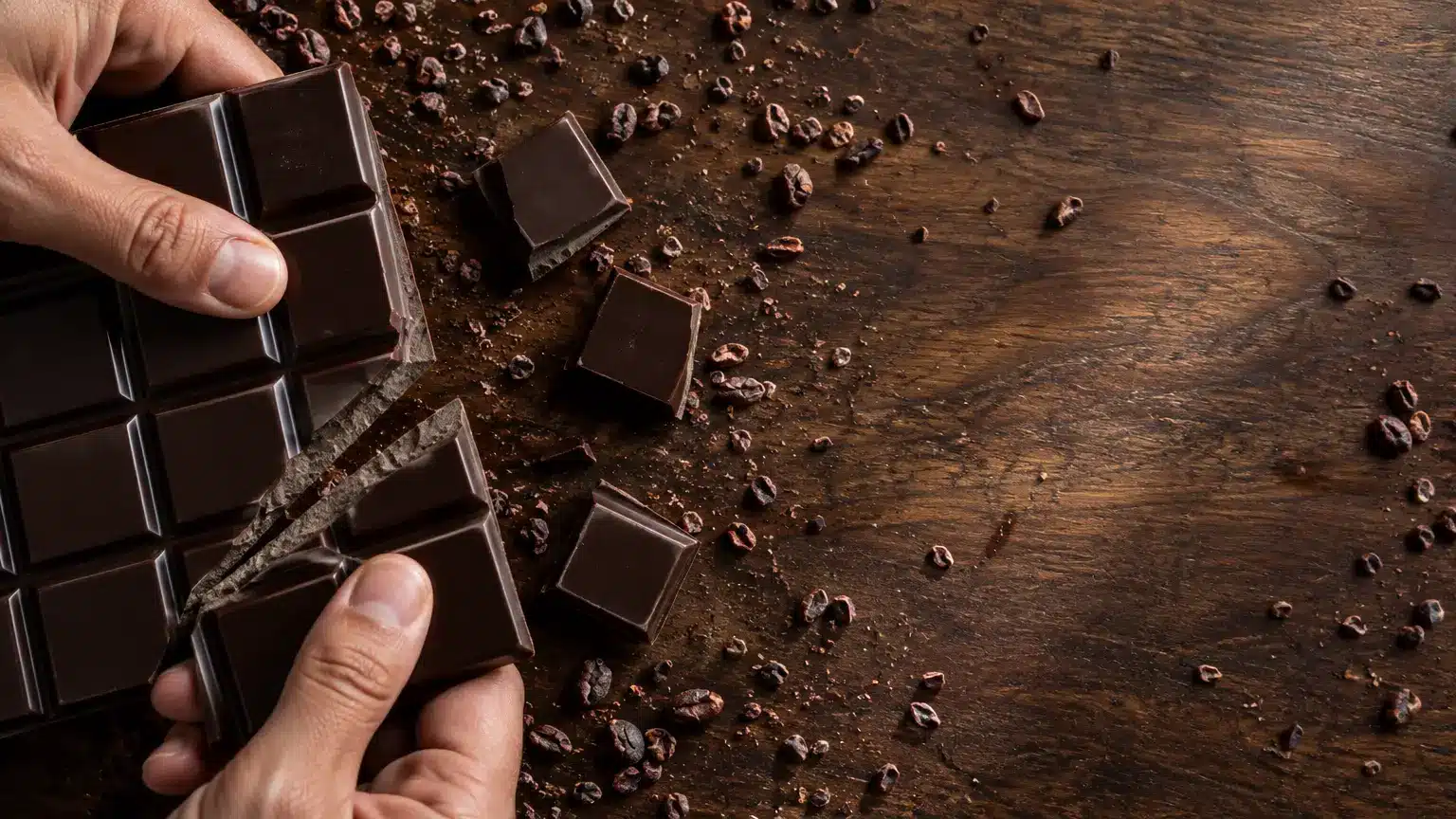 Breaking dark chocolate bar with cocoa nibs on wooden surface