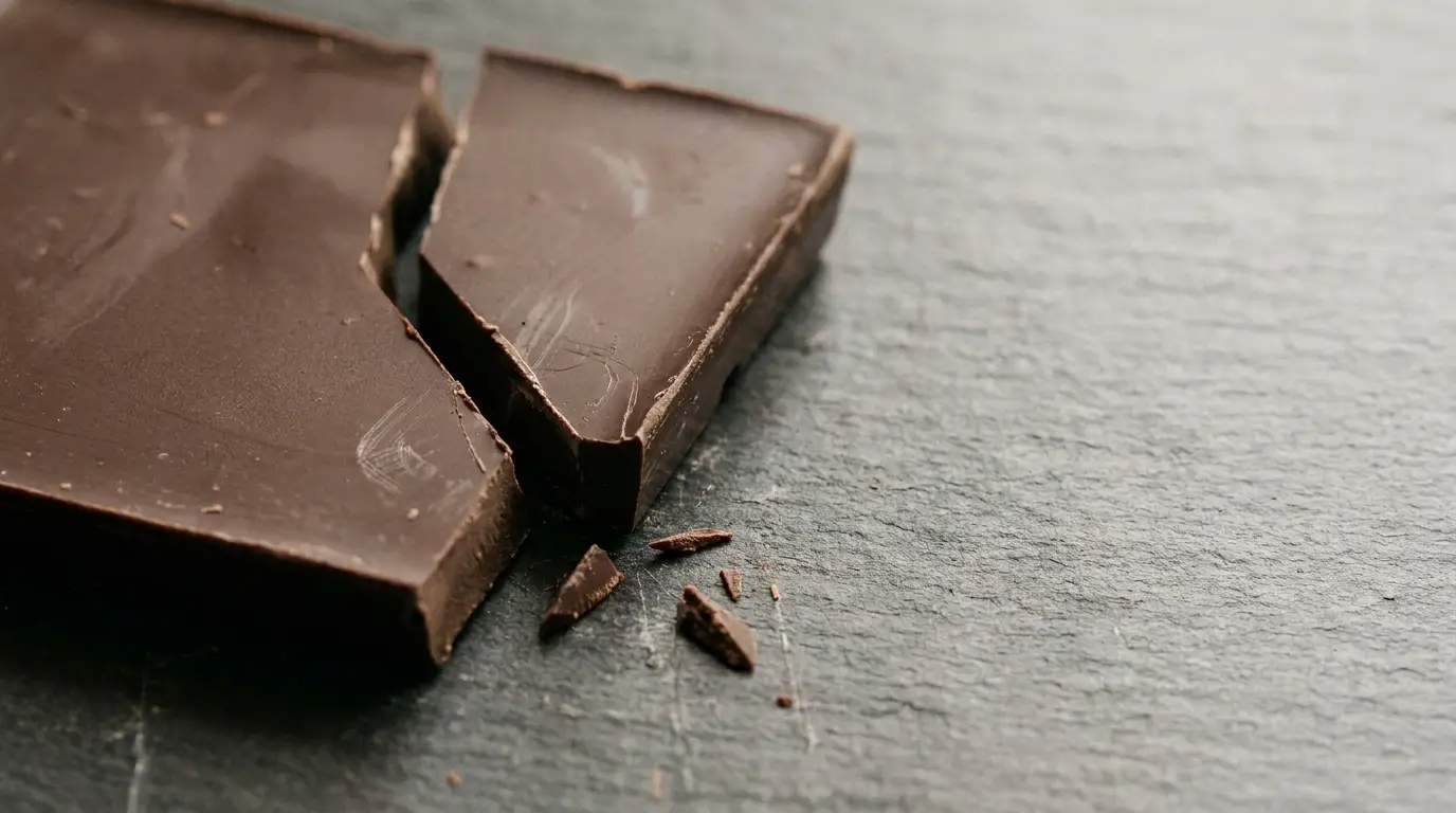 Broken pieces of dark chocolate on a textured gray surface