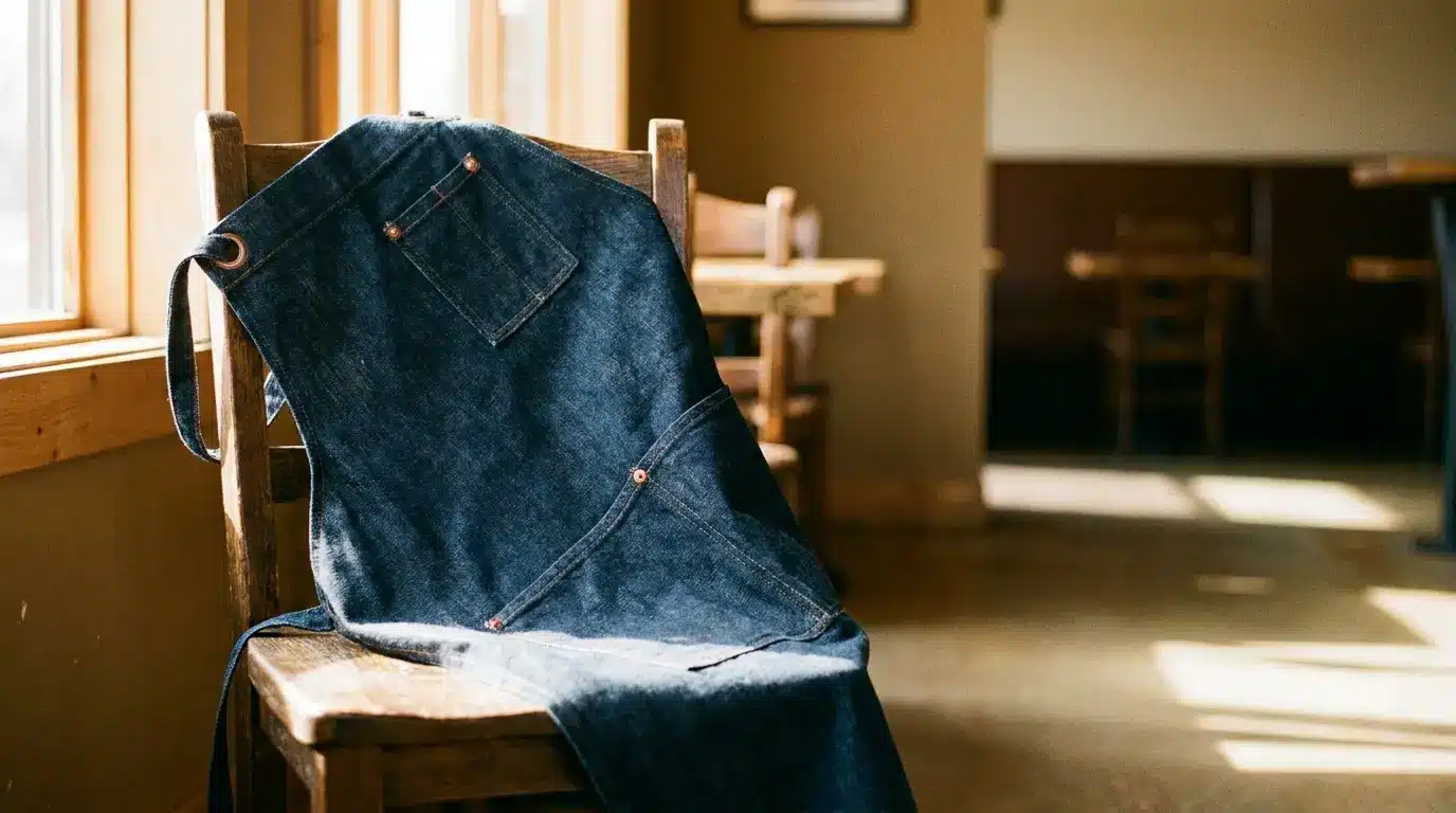 Denim apron draped over wooden chair in sunlit cafe setting