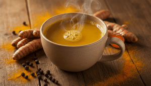 Steaming cup of turmeric tea on rustic wooden table with fresh turmeric roots and peppercorns