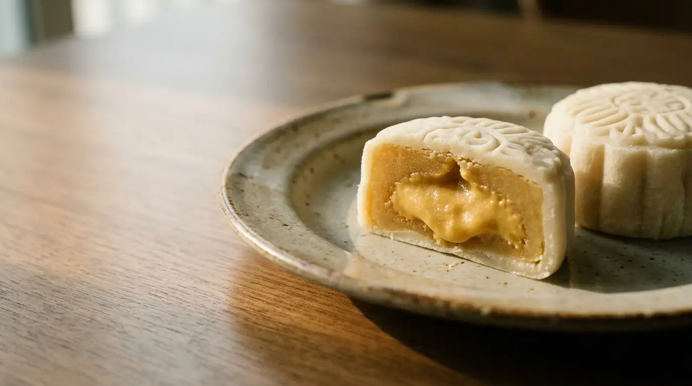 Two mooncakes on ceramic plate with one cut open revealing filling