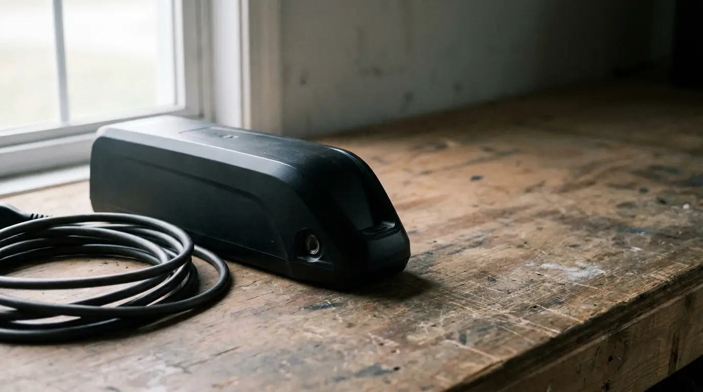 Electric bike battery and charging cable on rustic wooden table near window