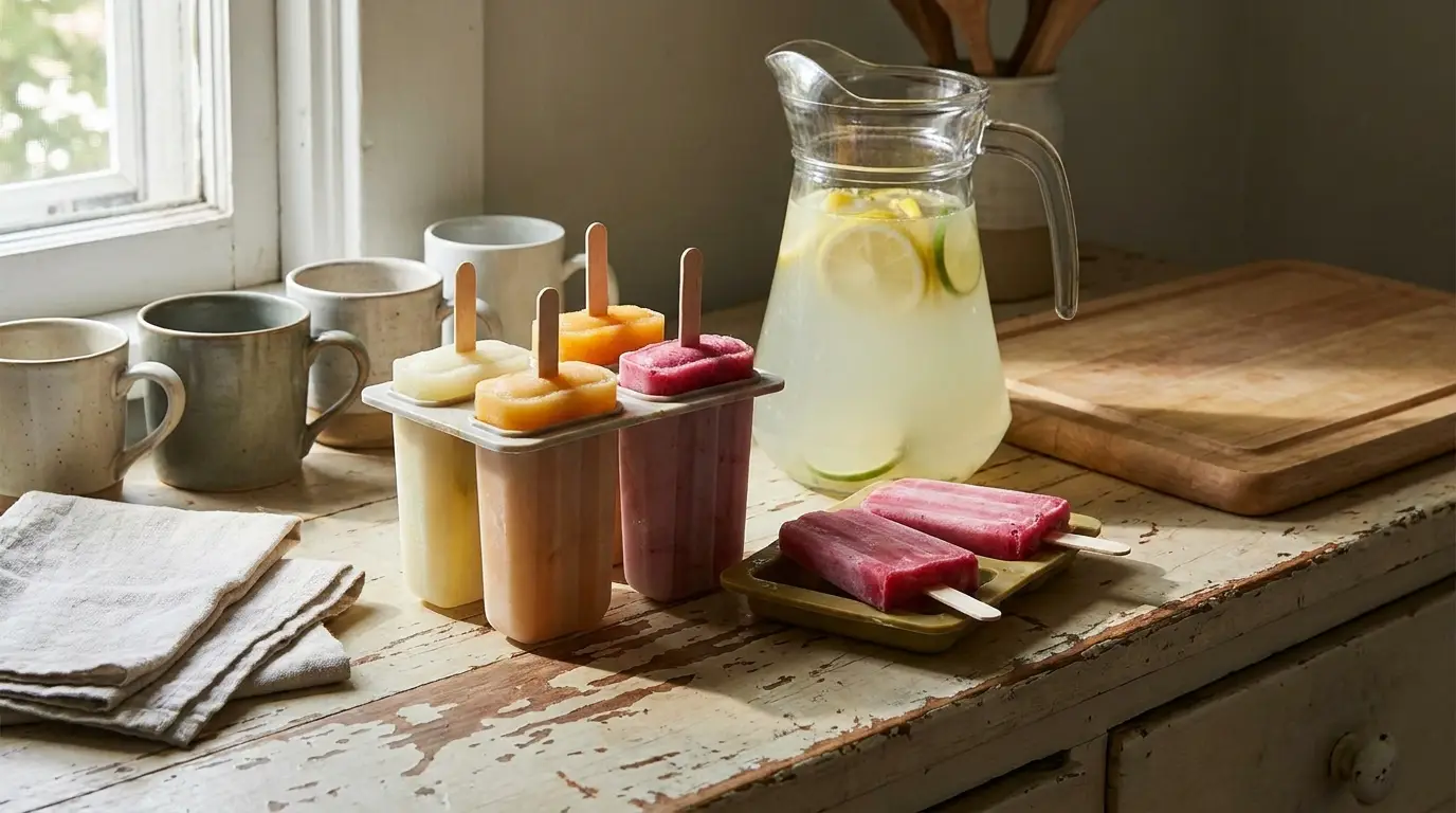 Popsicles and lemonade on rustic kitchen counter with mugs and napkins near window