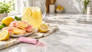 Lemonade pitcher and fruit popsicles on a marble countertop with sliced lemons and fresh herbs