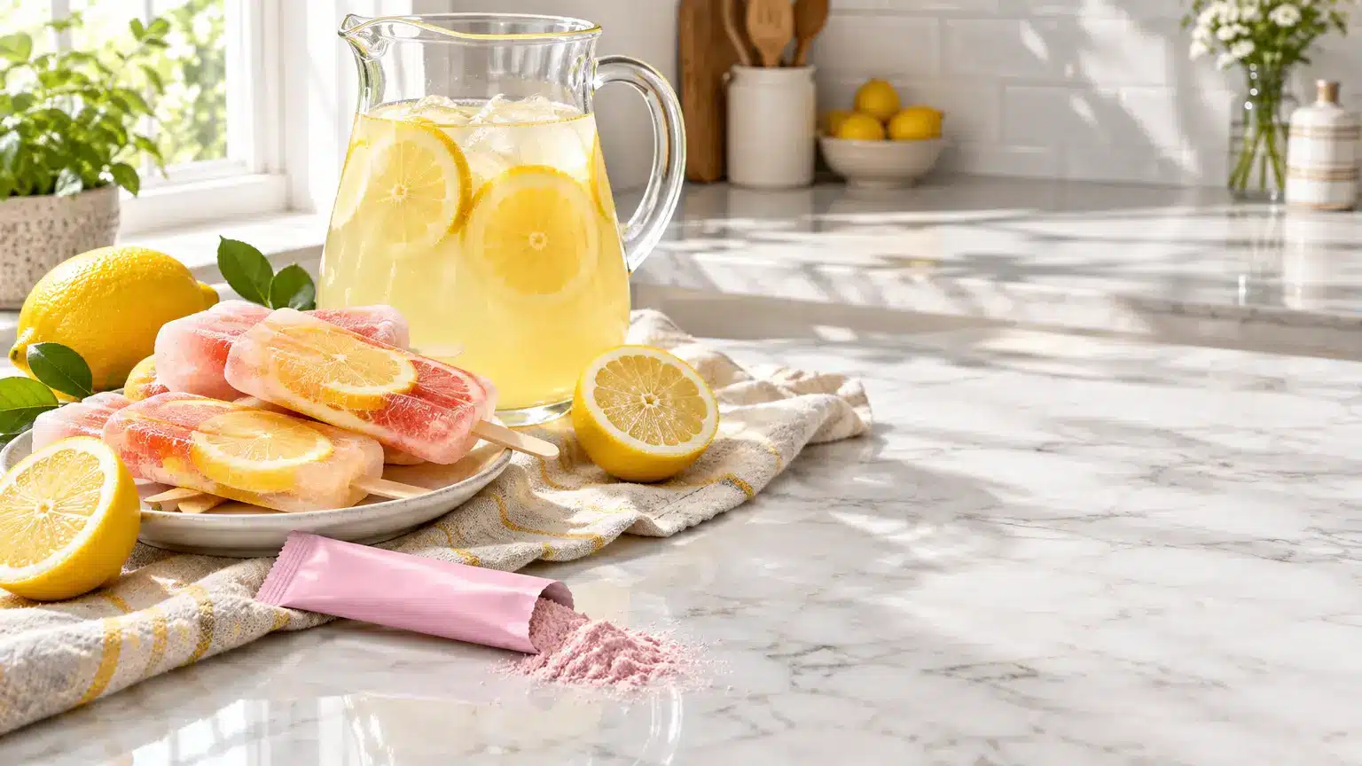 Lemonade pitcher and fruit popsicles on a marble countertop with sliced lemons and fresh herbs
