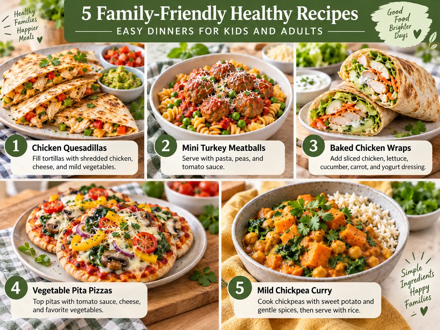 Five plates with different family-friendly recipes including quesadillas, meatballs, wraps, pizzas, and curry