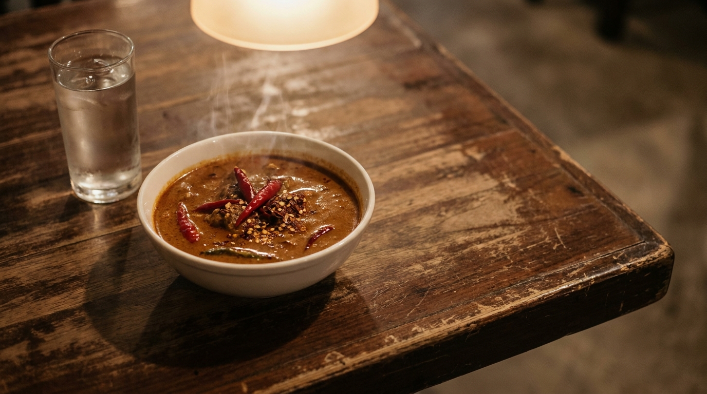 Steaming bowl of spicy curry with red chilies on rustic wooden table in dim lighting