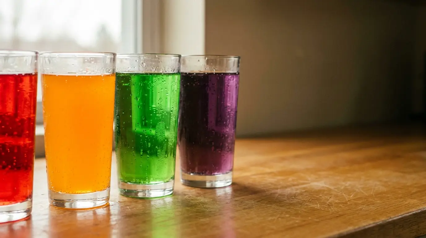 Four colorful soda glasses on wooden table by large window in soft natural light