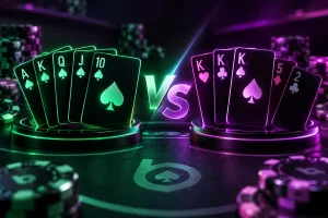 Neon poker hands with chips on casino table in dramatic lighting