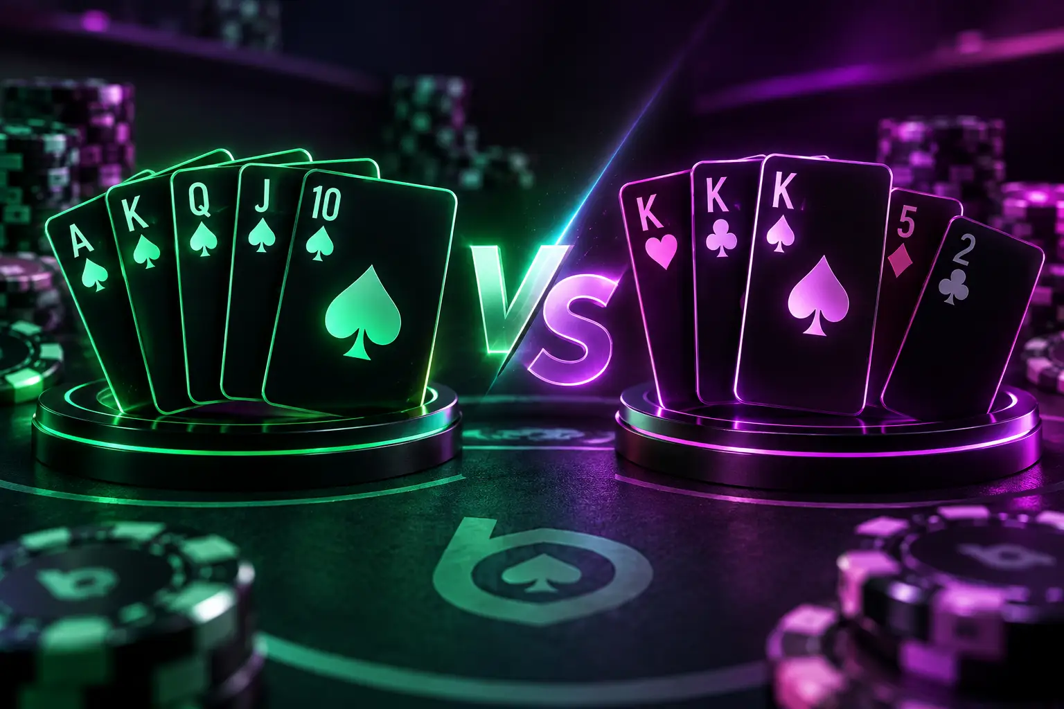 Neon poker hands with chips on casino table in dramatic lighting