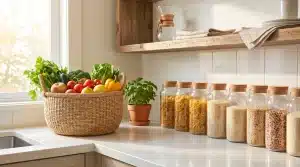 Wicker basket of fresh vegetables on kitchen counter with jars of pasta and grains