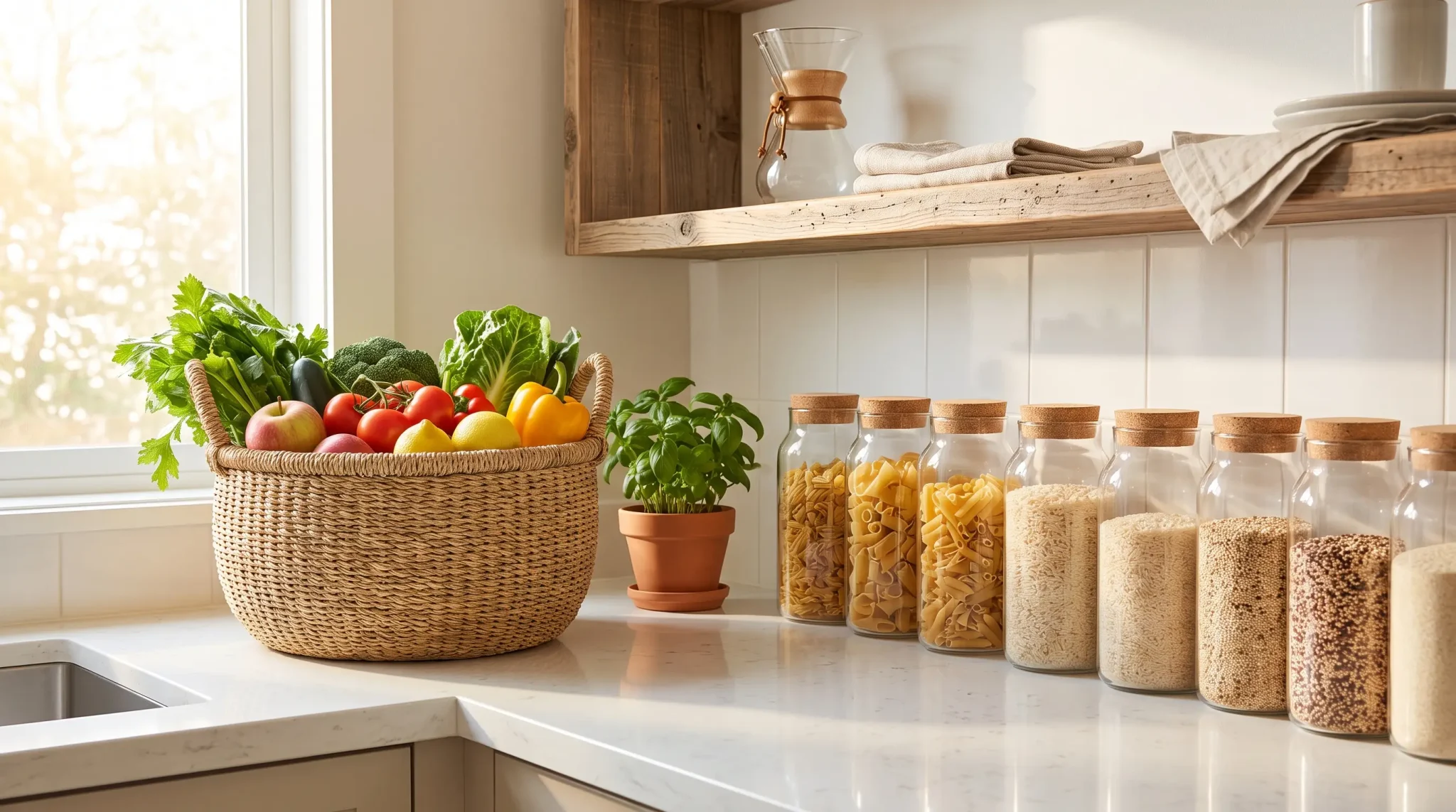 Wicker basket of fresh vegetables on kitchen counter with jars of pasta and grains