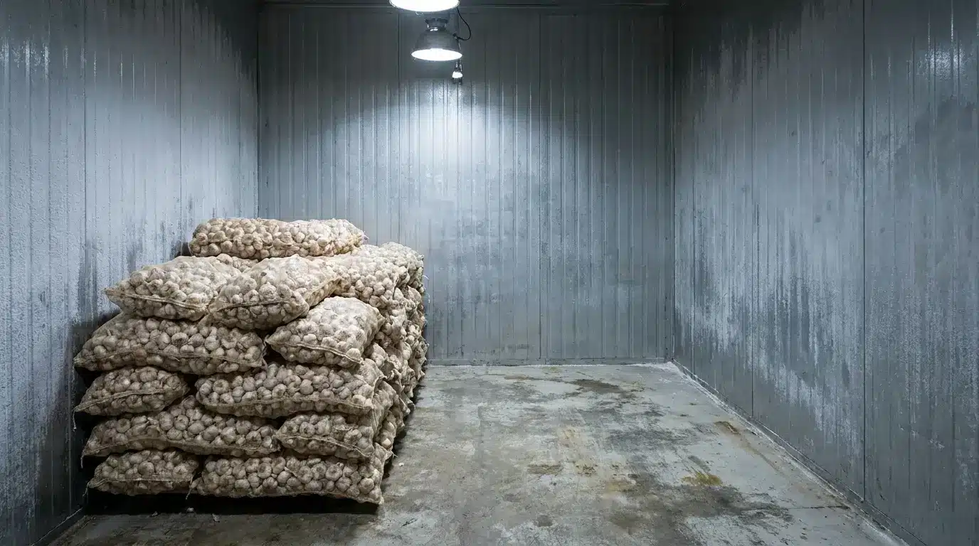Stacks of garlic in mesh bags on concrete floor under industrial lighting in cold storage room