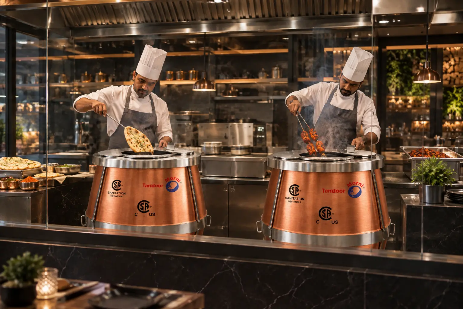 Chefs in white hats cooking naan and skewered meat in tandoor ovens at restaurant kitchen
