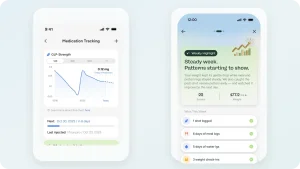 Two smartphone screens displaying health app with medication tracking and weekly progress charts