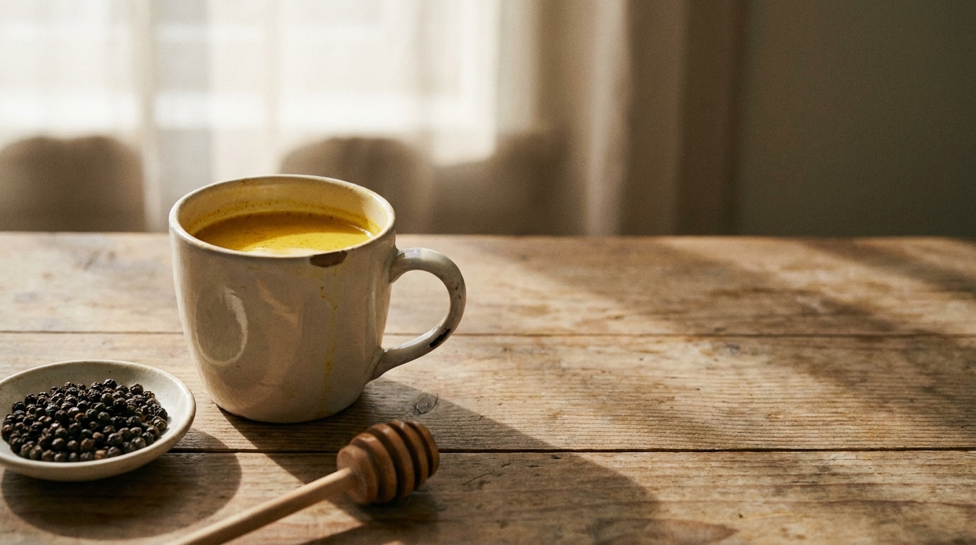 Creamy yellow drink in ceramic mug on rustic wooden table with black pepper dish