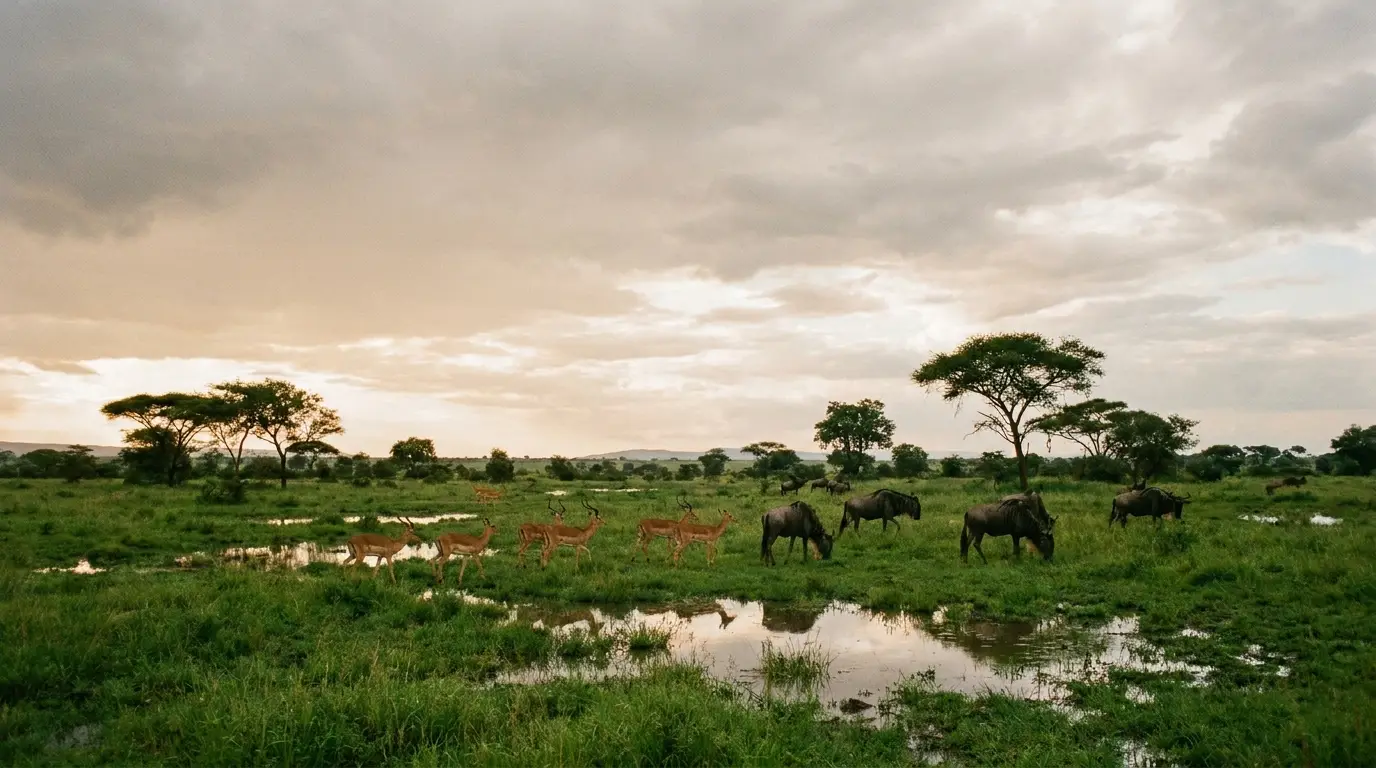 Wildebeests and antelopes grazing in a lush savanna landscape at sunset