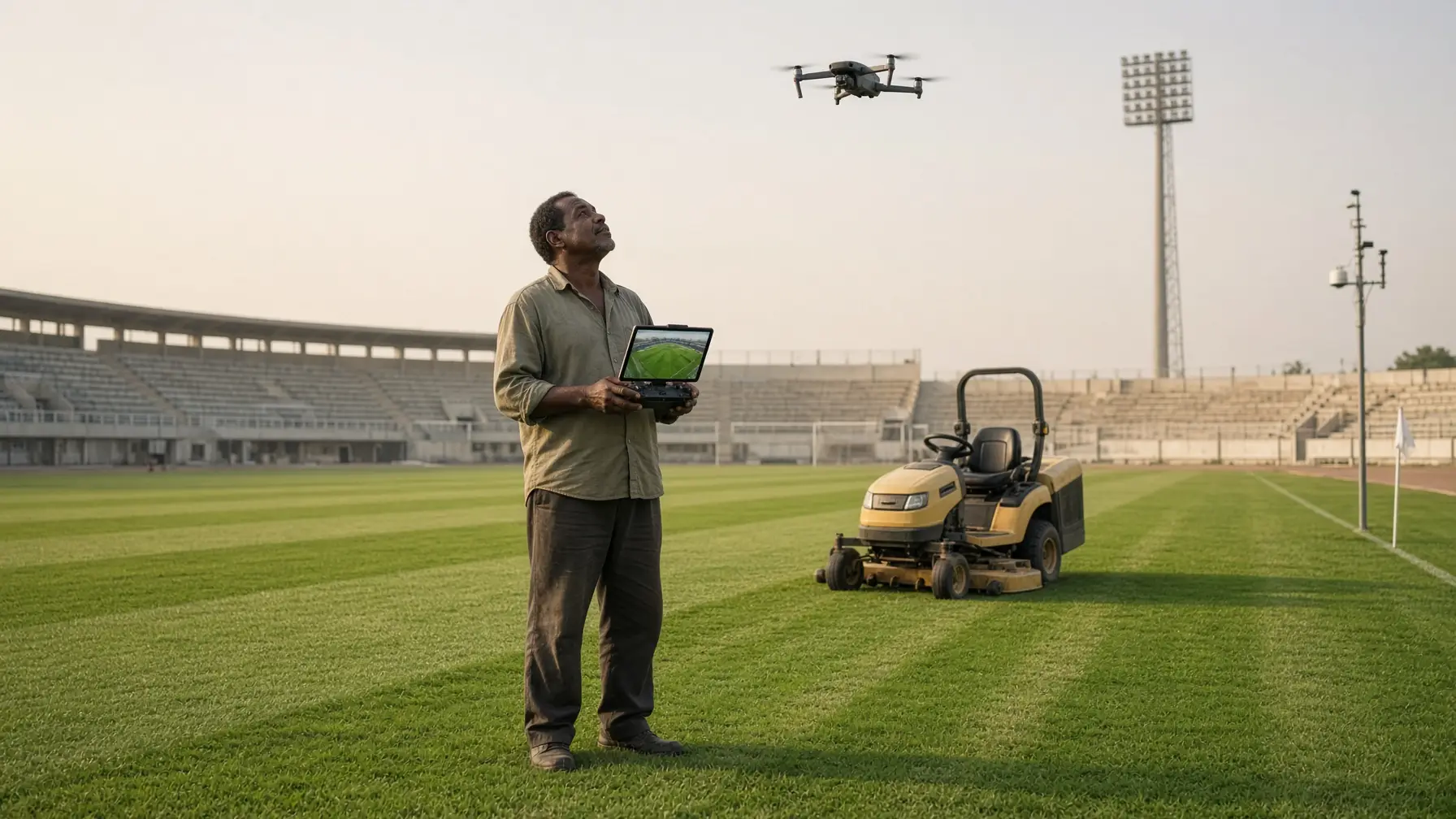 Man controlling drone on sports field next to riding lawn mower in stadium